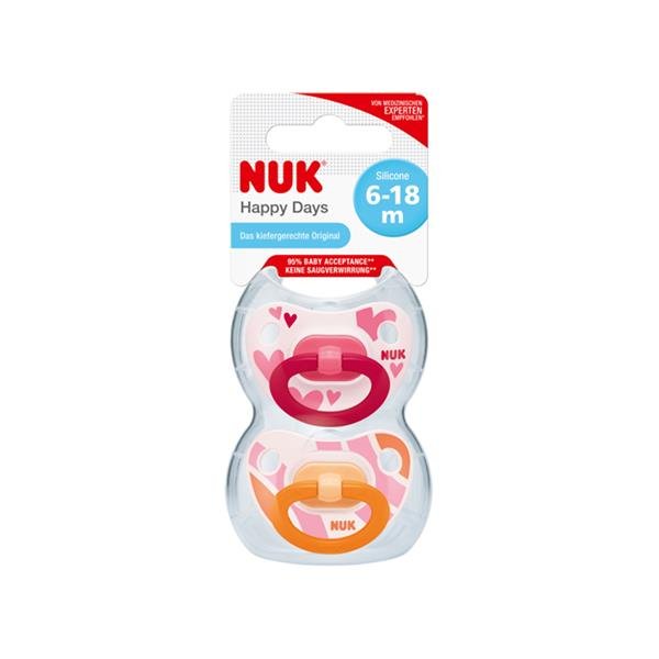 Nuk Happy Days Pink Twin Pack Silicone Soother Size 2 6-18 Months