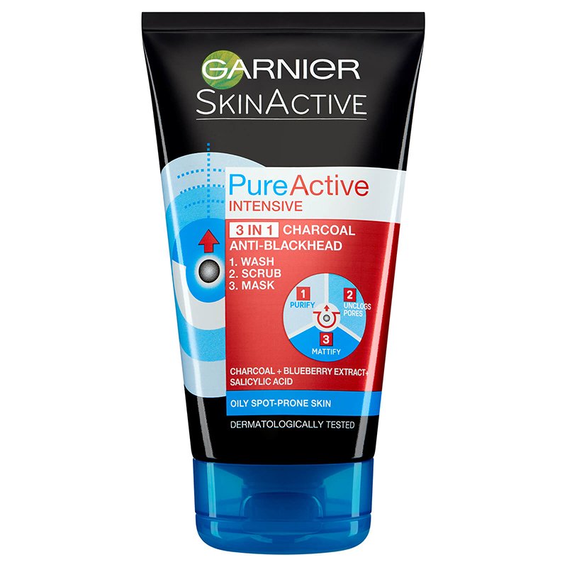 Garnier Pure Active Intensive 3 In 1 Charcoal Anti Blackhead Mask Wash And Scrub 150ml