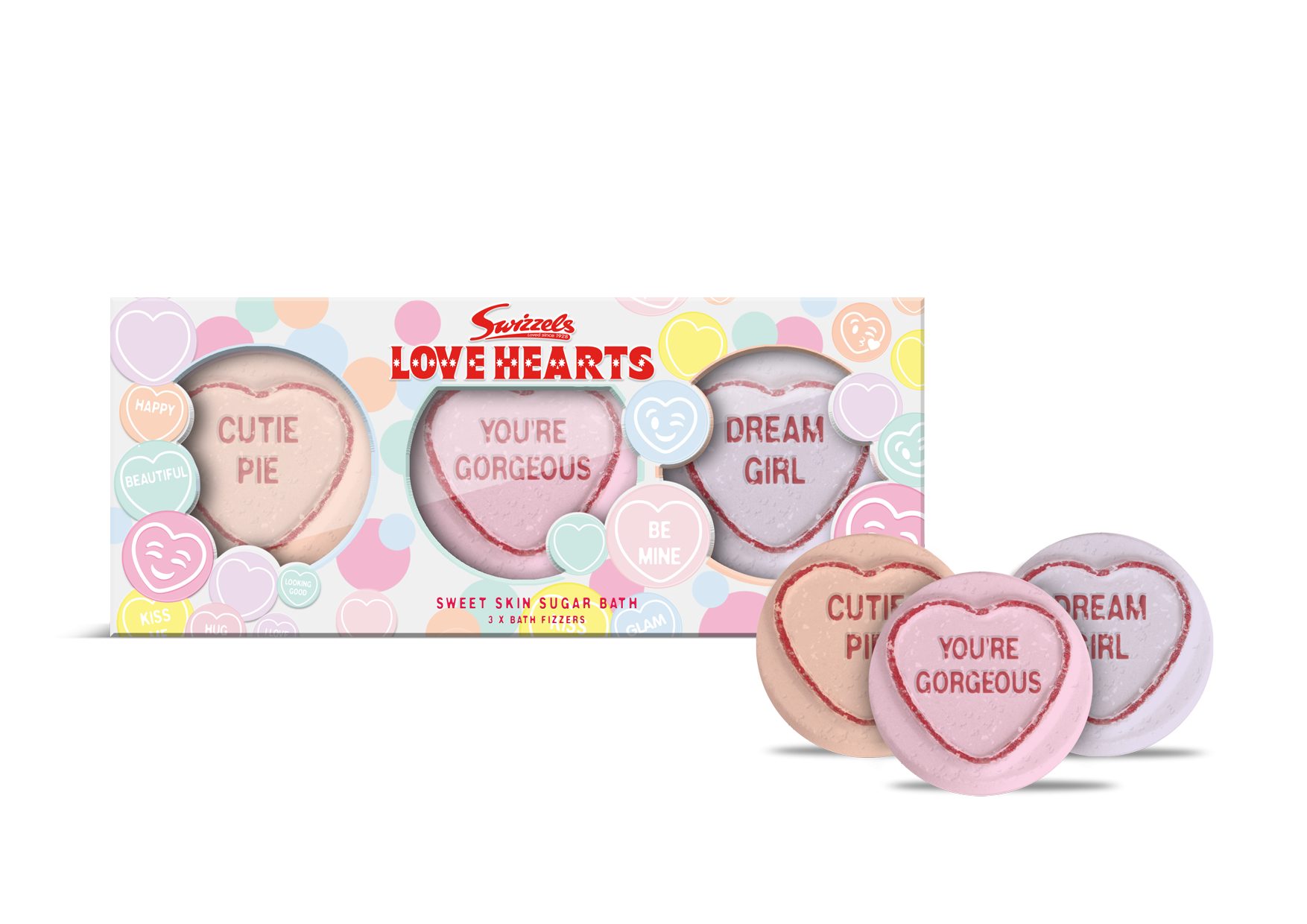 Love Hearts Sweet Skin Sugar Sweet Skin Sugar 70g 3pc Bath Fizzers Giftset